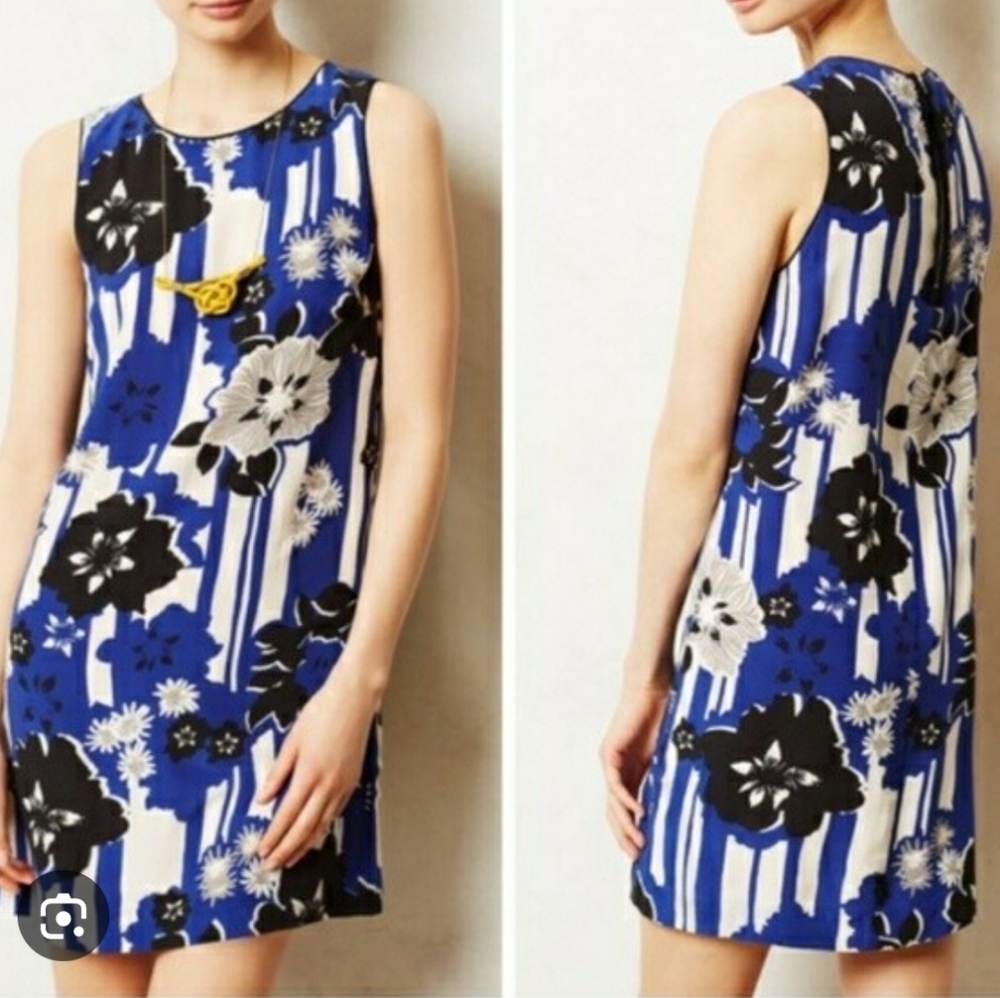 Anthropologie Maeve Women's Blue Black 100% Silk Canna Sleeveless Shift Dress 4